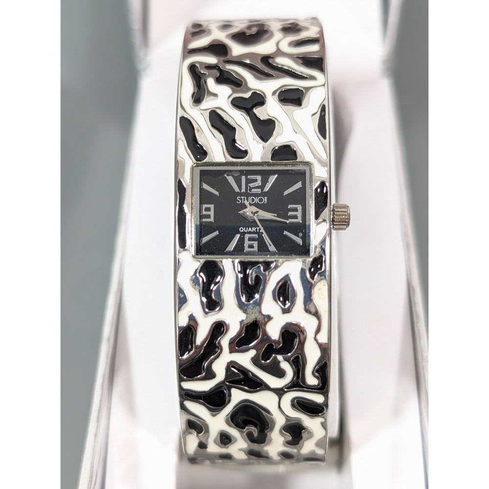 Studio Black White Enamel Hinge Bracelet Cuff Watch Womens 7" - Picture 3 of 9
